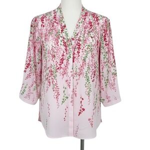 NEW Investments Woman Size 1X Pink Floral Wisteria V-Neck 3/4 Sleeve Blouse